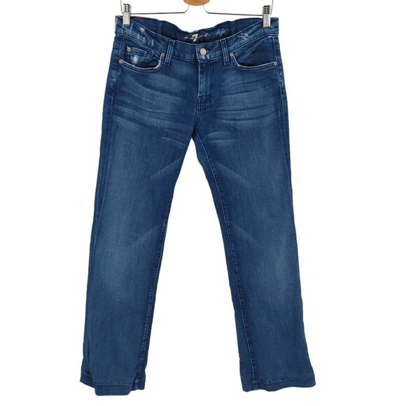 7 For All Mankind Women 29 Dojo Distressed Blue Denim Jeans Embroidered Pockets - Picture 1 of 15